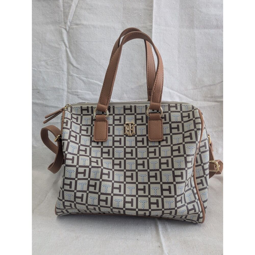 Tommy Hilfiger Monogram Bowling Bag Satchel Crossbody Brown Tan 69J8163